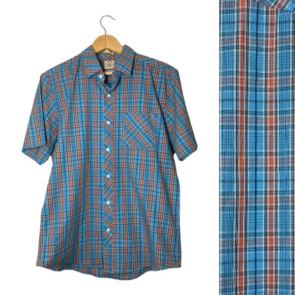 Volcom Mens Plaid Shirt Button Up Blue Orange Short Sleeve Classic Fit Medium - Picture 1 of 6